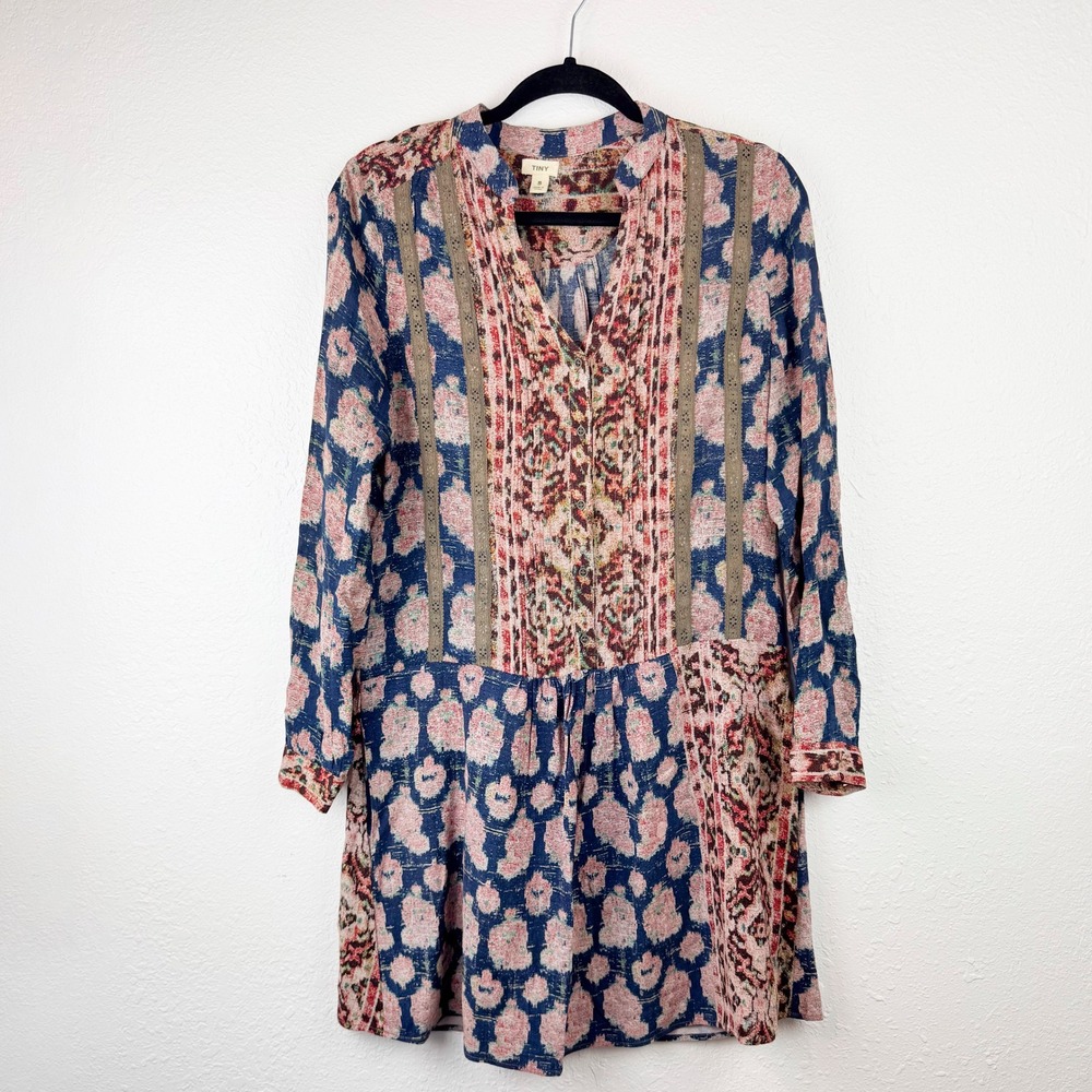 Anthropologie Tiny Mixed Print Boho Mini Dress Blue Red Floral Lace Trim Small